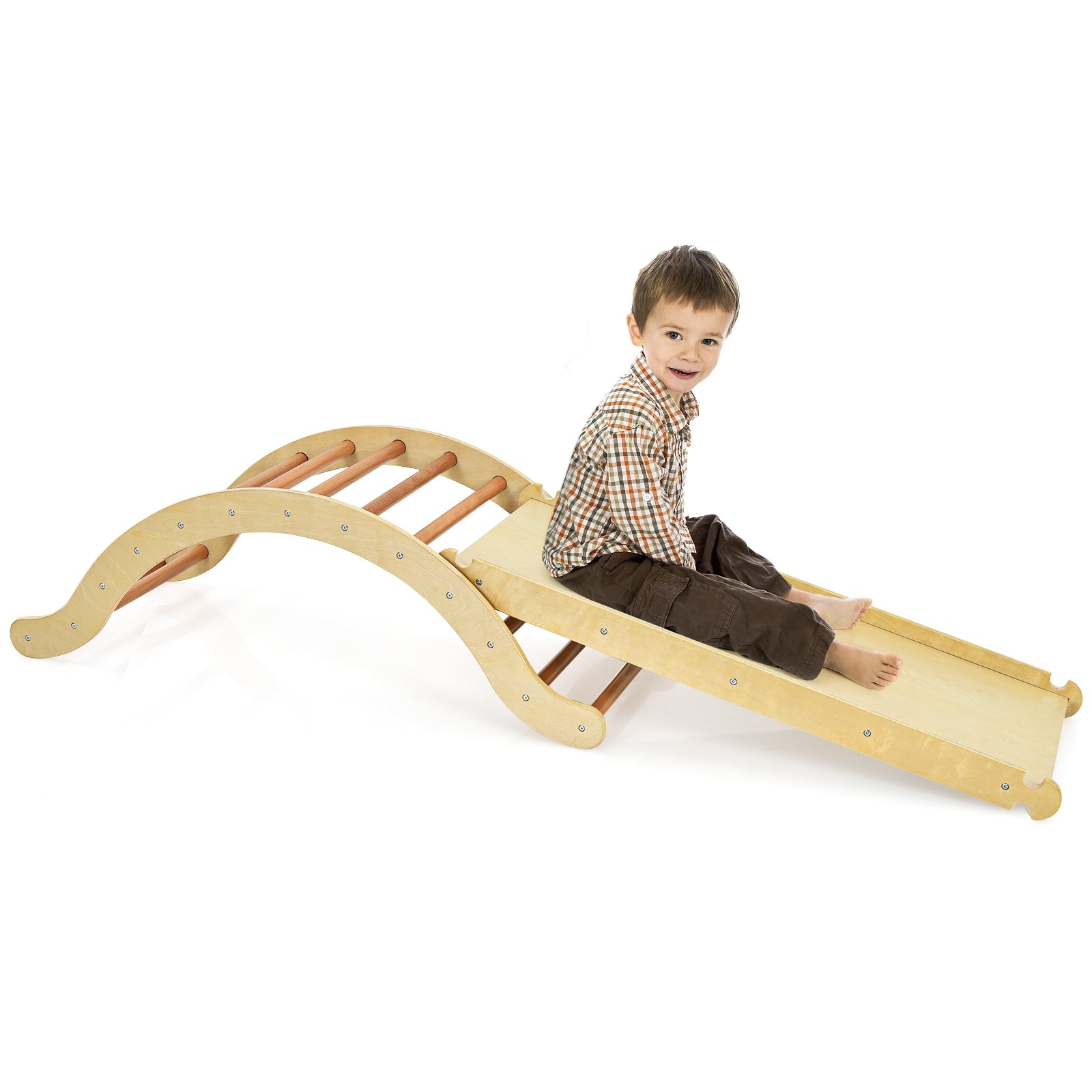 3-in-1 Kids Climber Set Wooden Arch Triangle Rocker with Ramp and Mat-Natural