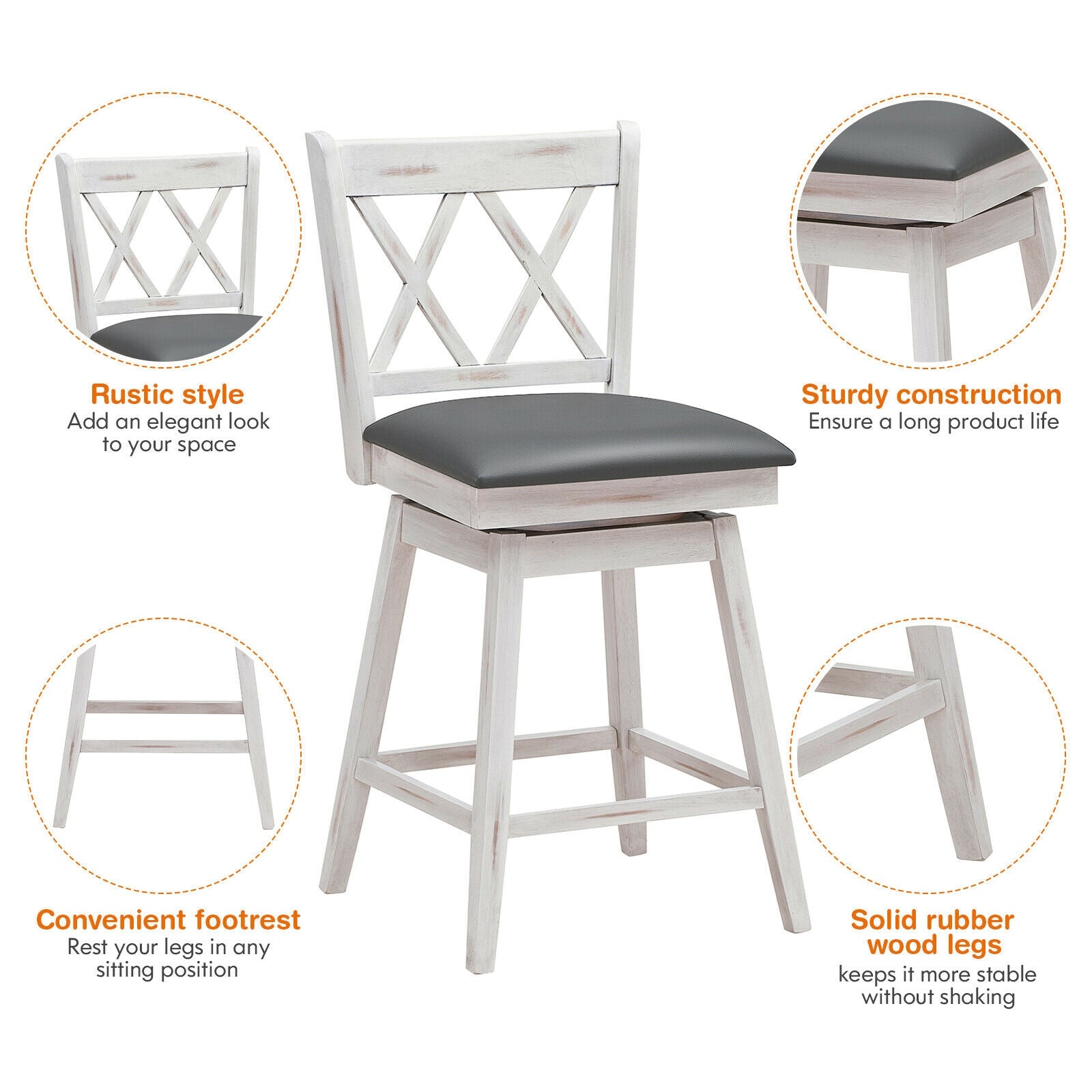 2 Pieces 24 Inch Swivel Counter Height Barstool Set with Rubber Wood Legs-White