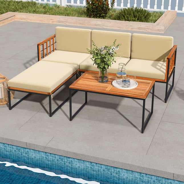 5 Pieces Patio Furniture Set Acacia Wood Sectional Set with Heavy-Duty Metal Frame-Beige