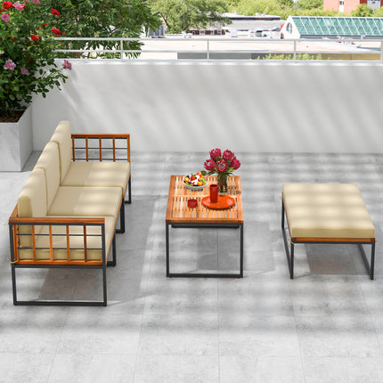 5 Pieces Patio Furniture Set Acacia Wood Sectional Set with Heavy-Duty Metal Frame-Beige