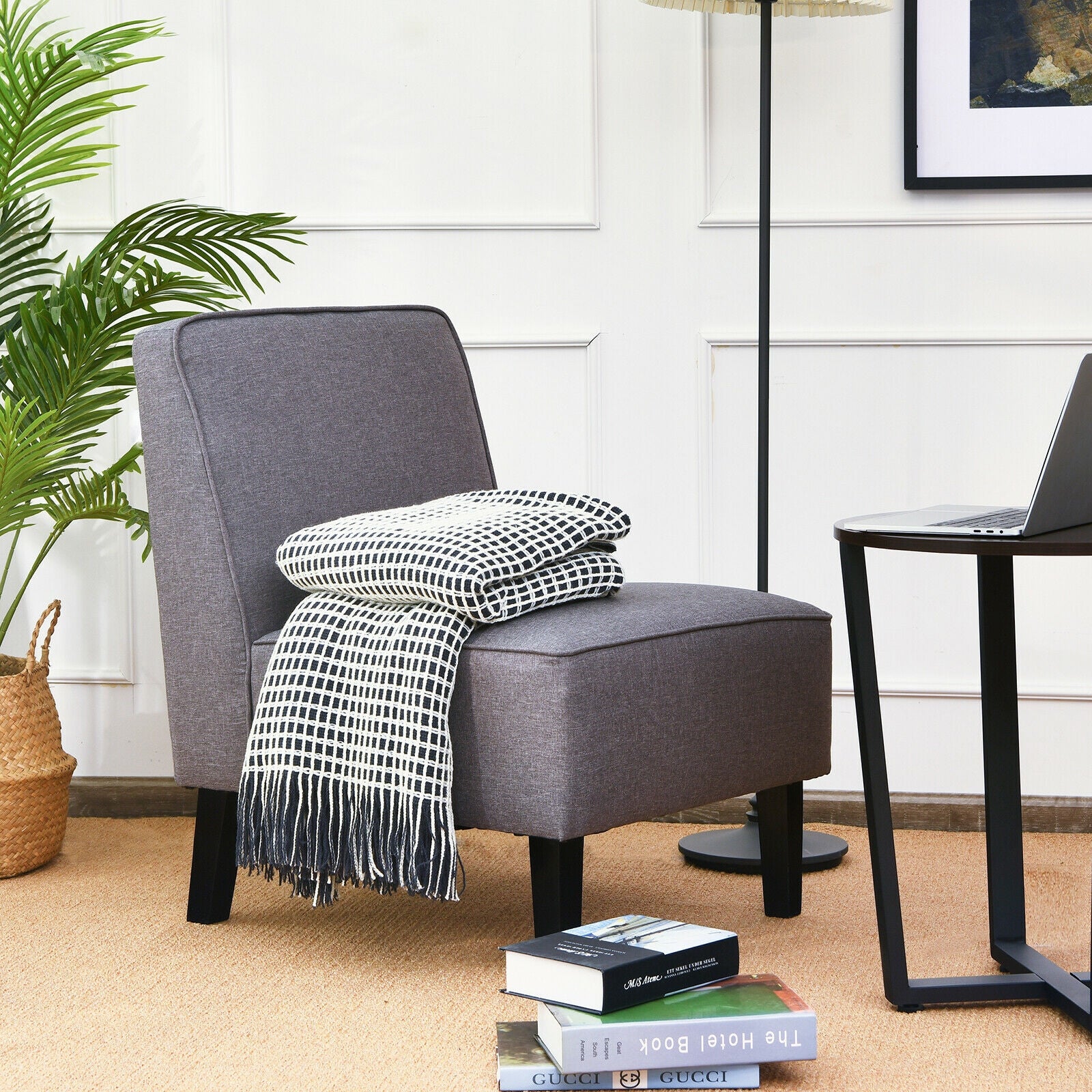 Single Fabric Modern Armless Accent Sofa Chair with Rubber Wood Legs-Gray