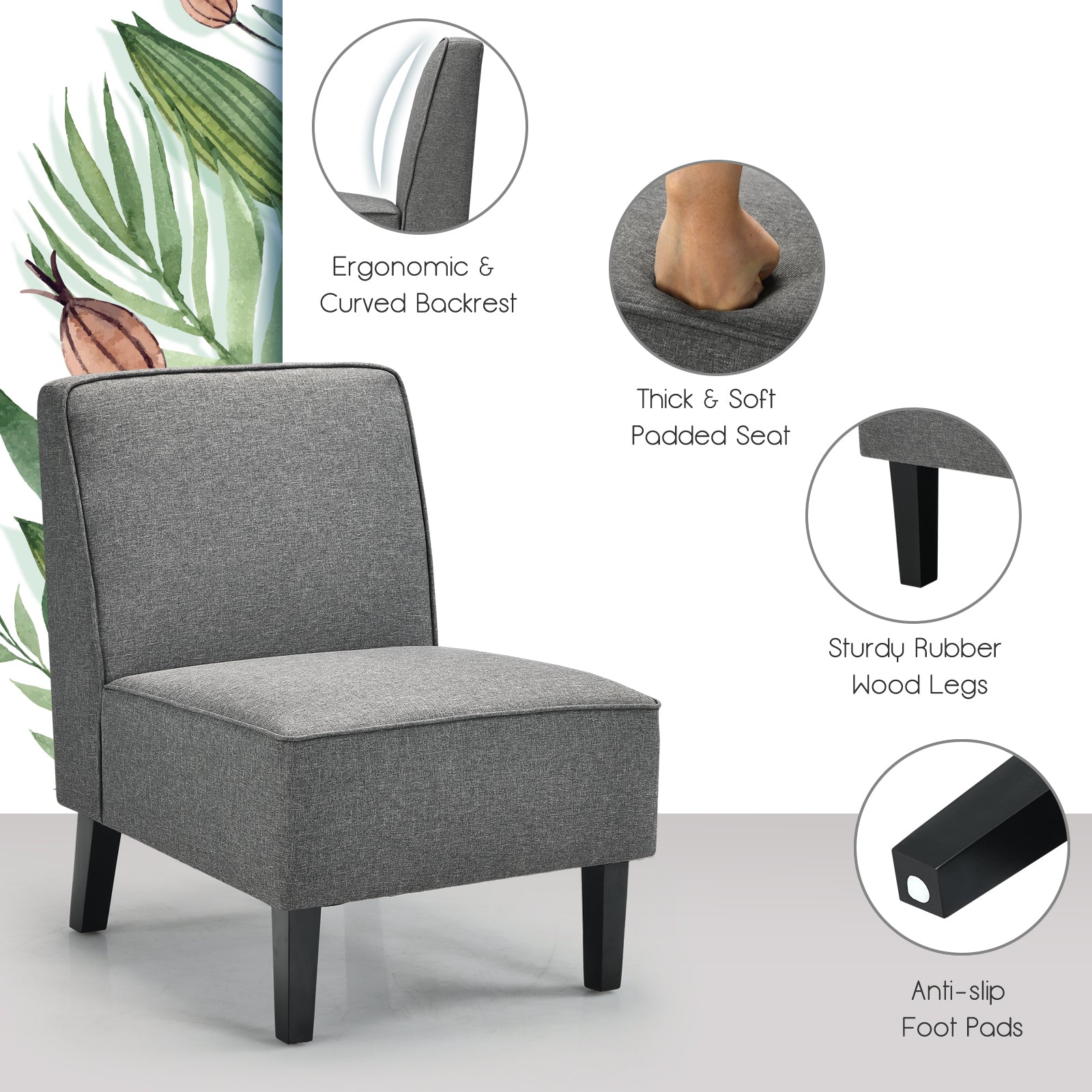 Single Fabric Modern Armless Accent Sofa Chair with Rubber Wood Legs-Gray
