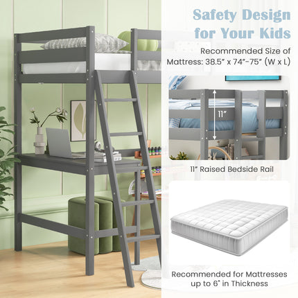 Twin Size Loft Bed Frame with Desk Angled and Built-in Ladder-Gray