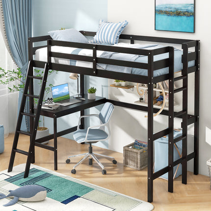 Twin Size Loft Bed Frame with Desk Angled and Built-in Ladder-Dark Brown