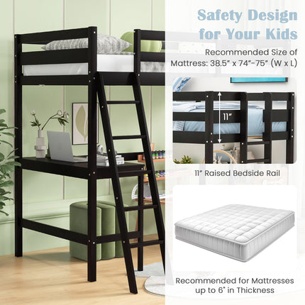 Twin Size Loft Bed Frame with Desk Angled and Built-in Ladder-Dark Brown