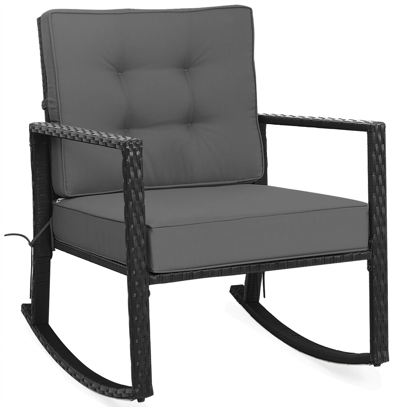 Fauteuil à bascule d'extérieur en rotin pour terrasse, coussin de chaise à bascule de jardin - Gris