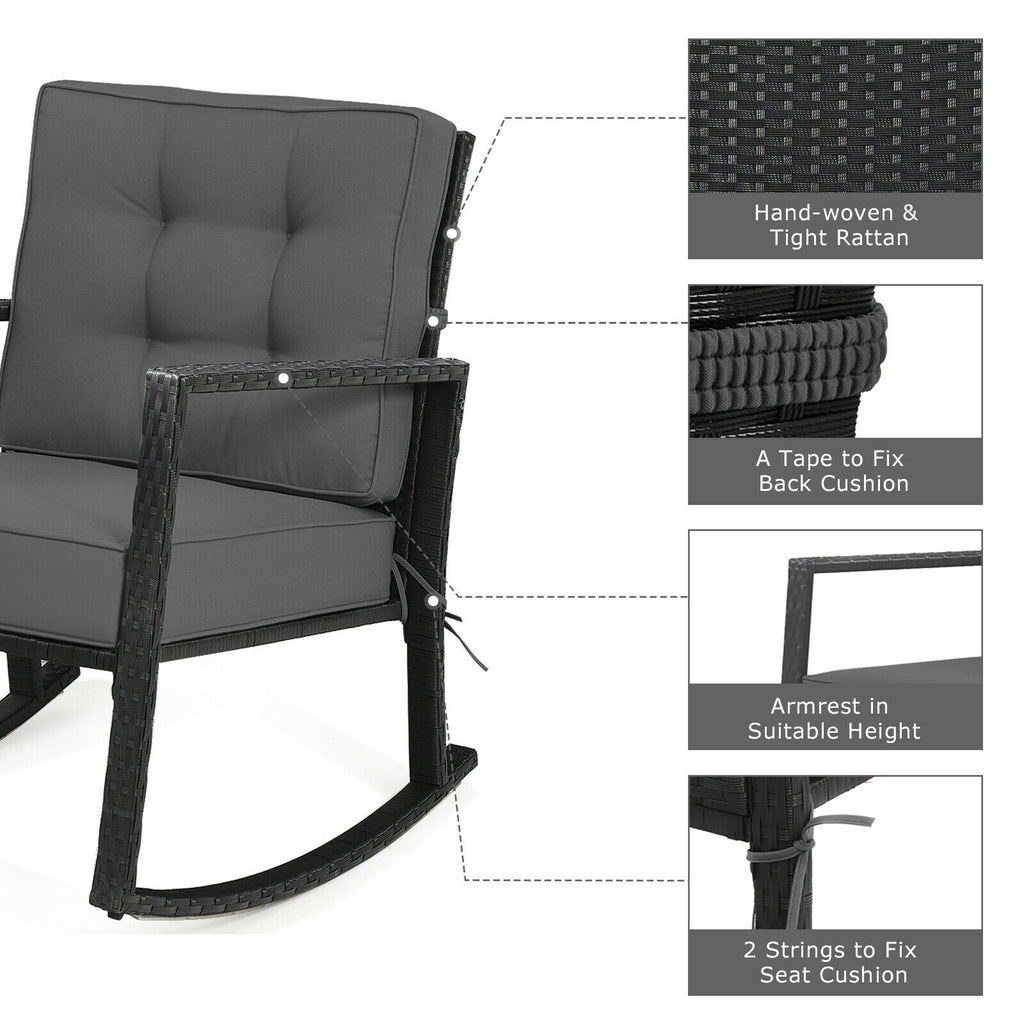 Fauteuil à bascule d'extérieur en rotin pour terrasse, coussin de chaise à bascule de jardin - Gris
