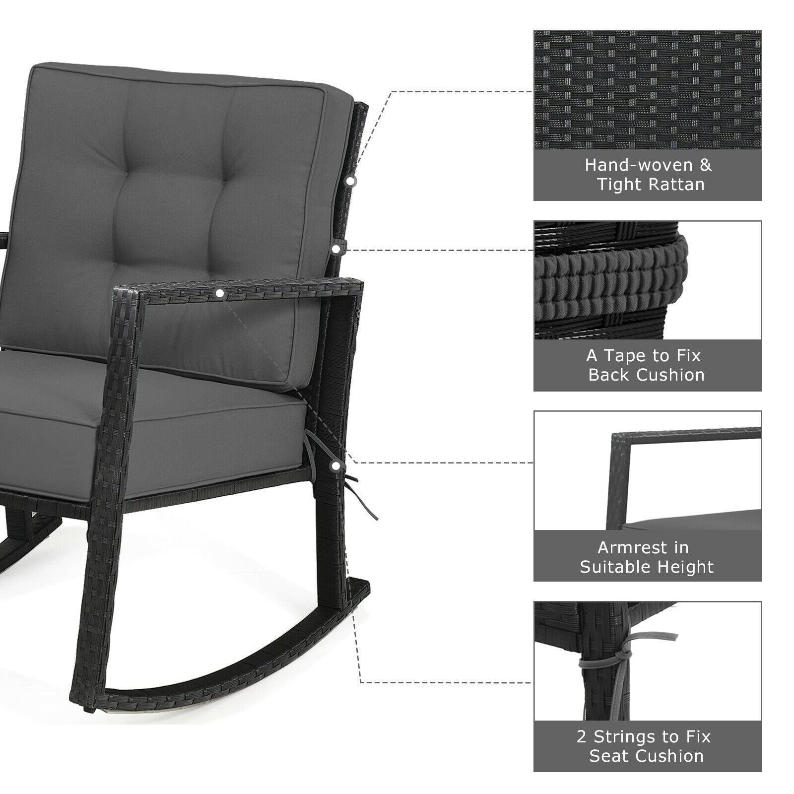 Fauteuil à bascule d'extérieur en rotin pour terrasse, coussin de chaise à bascule de jardin - Gris