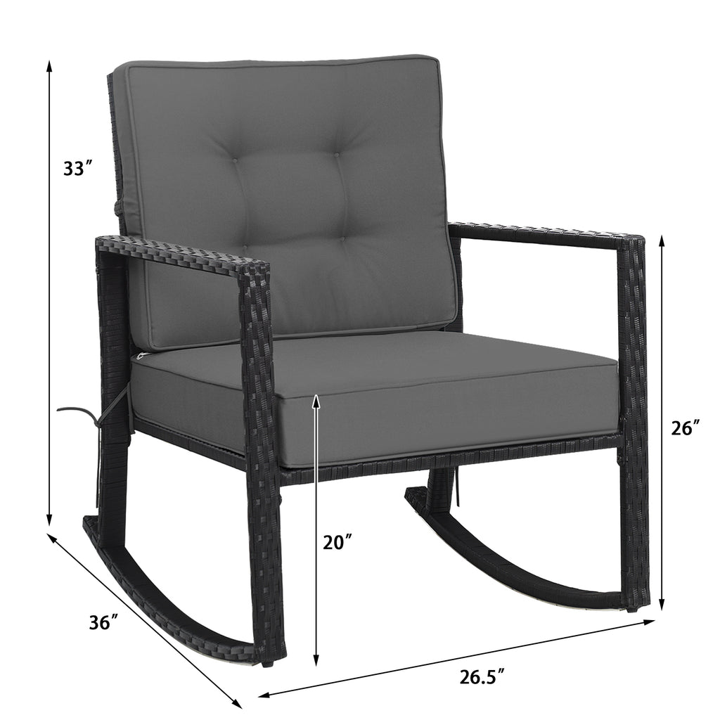 Fauteuil à bascule d'extérieur en rotin pour terrasse, coussin de chaise à bascule de jardin - Gris