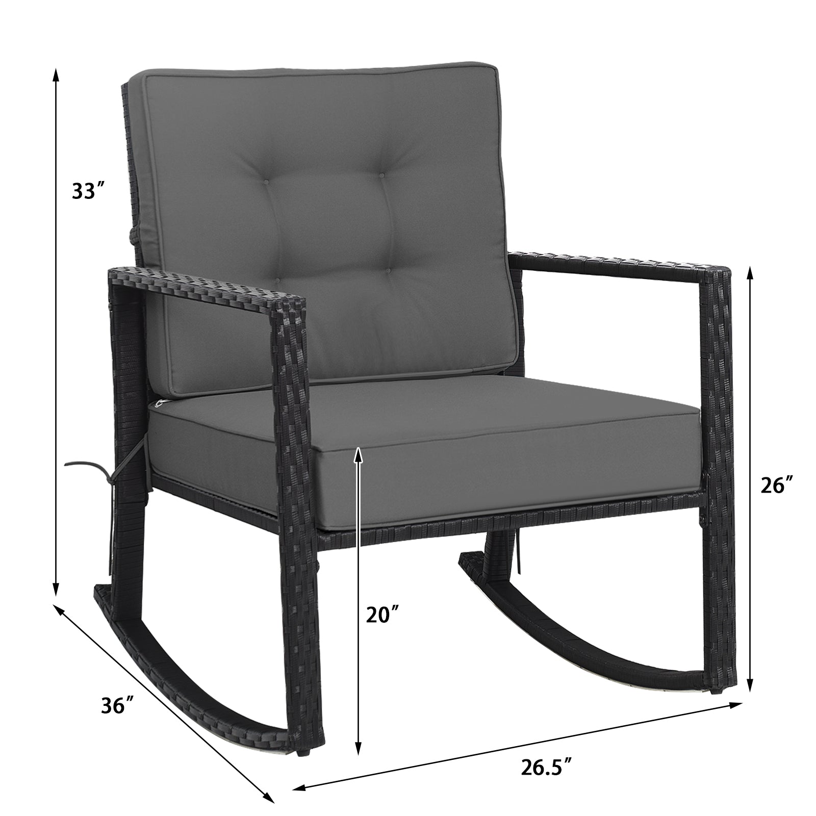Fauteuil à bascule d'extérieur en rotin pour terrasse, coussin de chaise à bascule de jardin - Gris