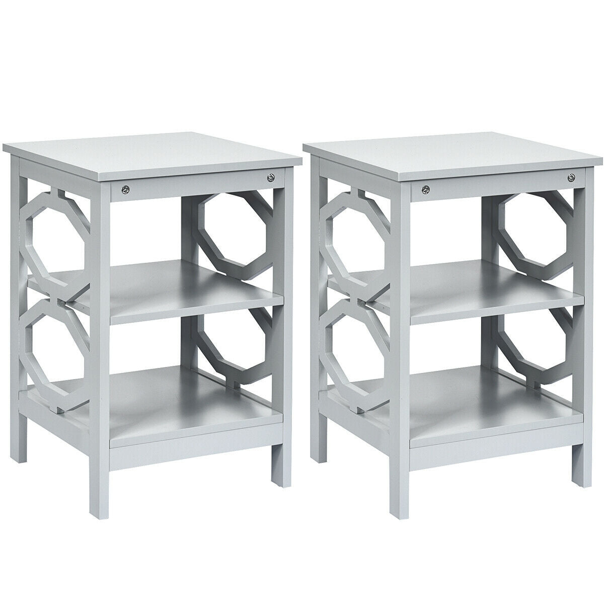 2 Pieces 3-tier Nightstand Sofa Side End Accent Table Storage Display Shelf-Gray