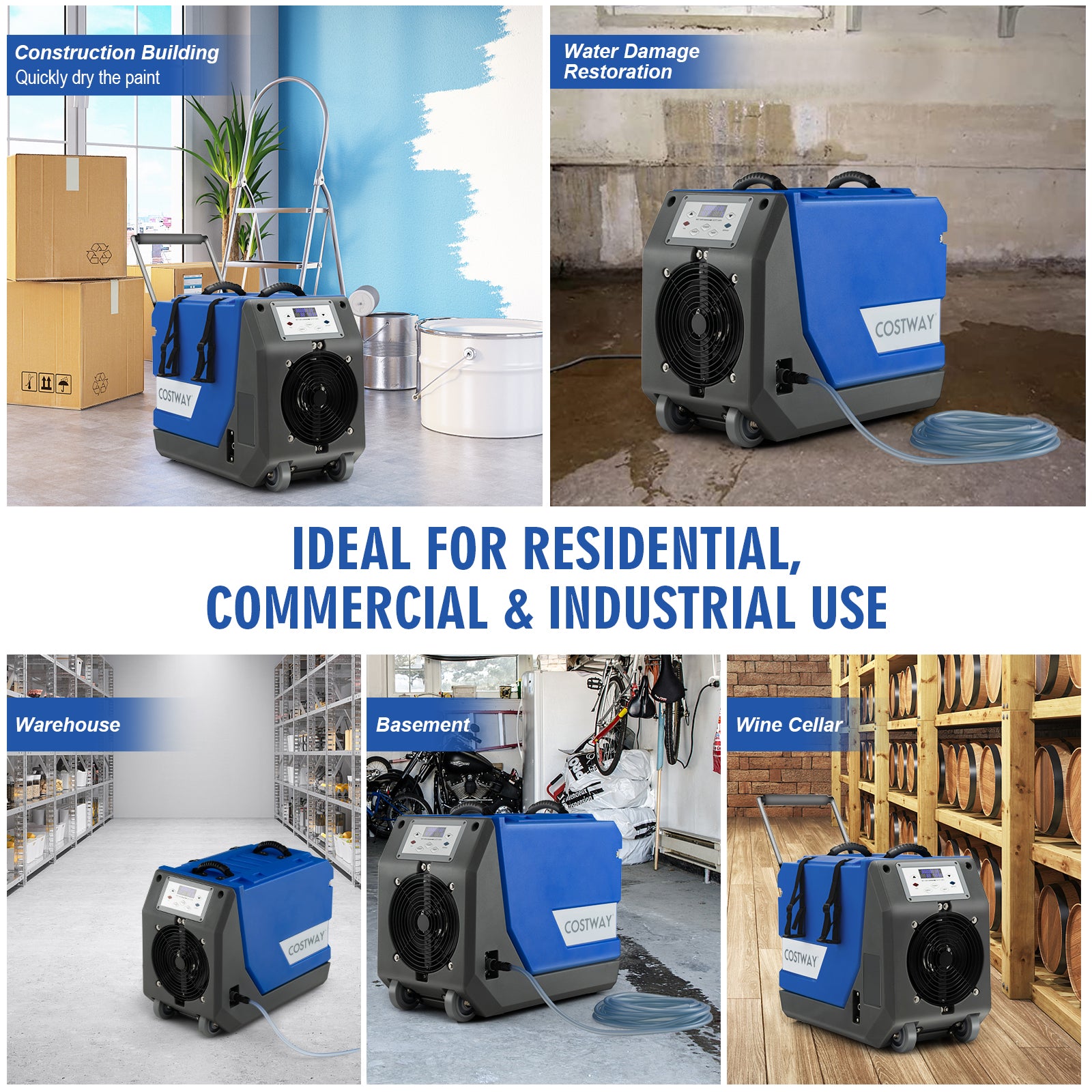 180 PPD Commercial Dehumidifier with Pump Drain Hose and Wheels-Blue