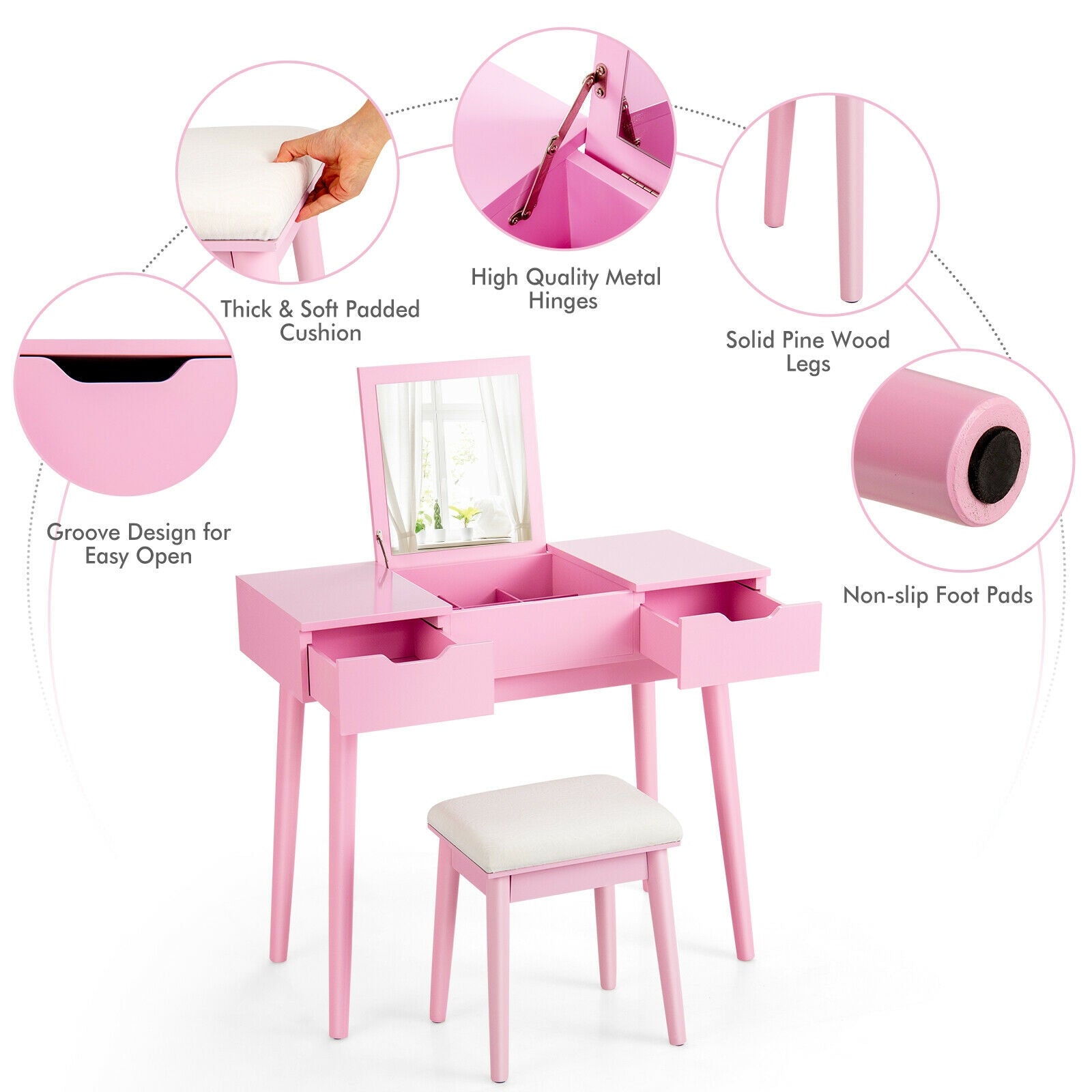 Makeup Vanity Table Set with Flip Top Mirror and 2 Drawers-Pink