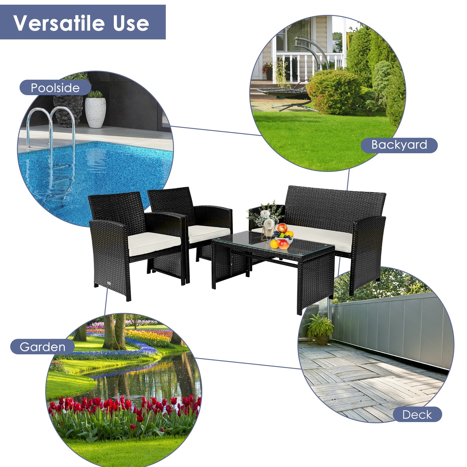 Ensemble de meubles de patio en rotin coussiné 4 pièces - Blanc