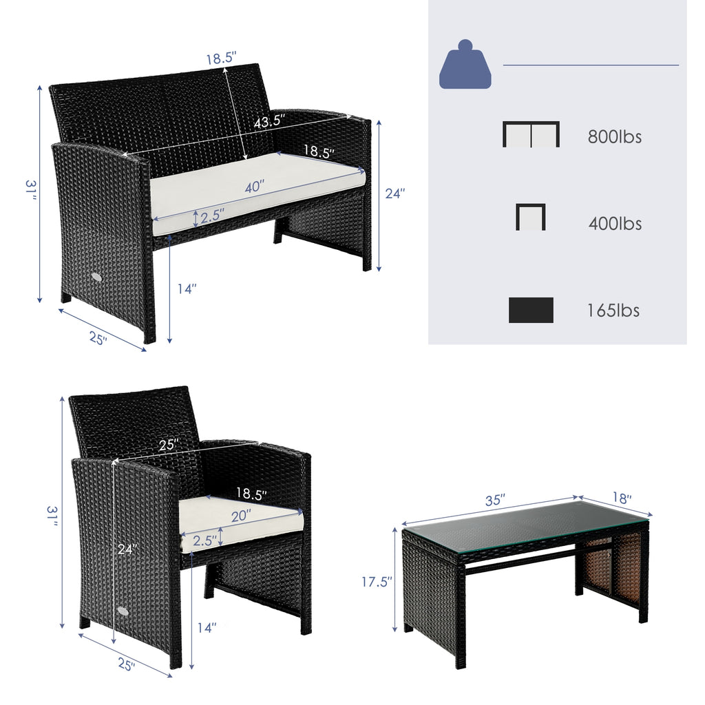 Ensemble de meubles de patio en rotin coussiné 4 pièces - Blanc