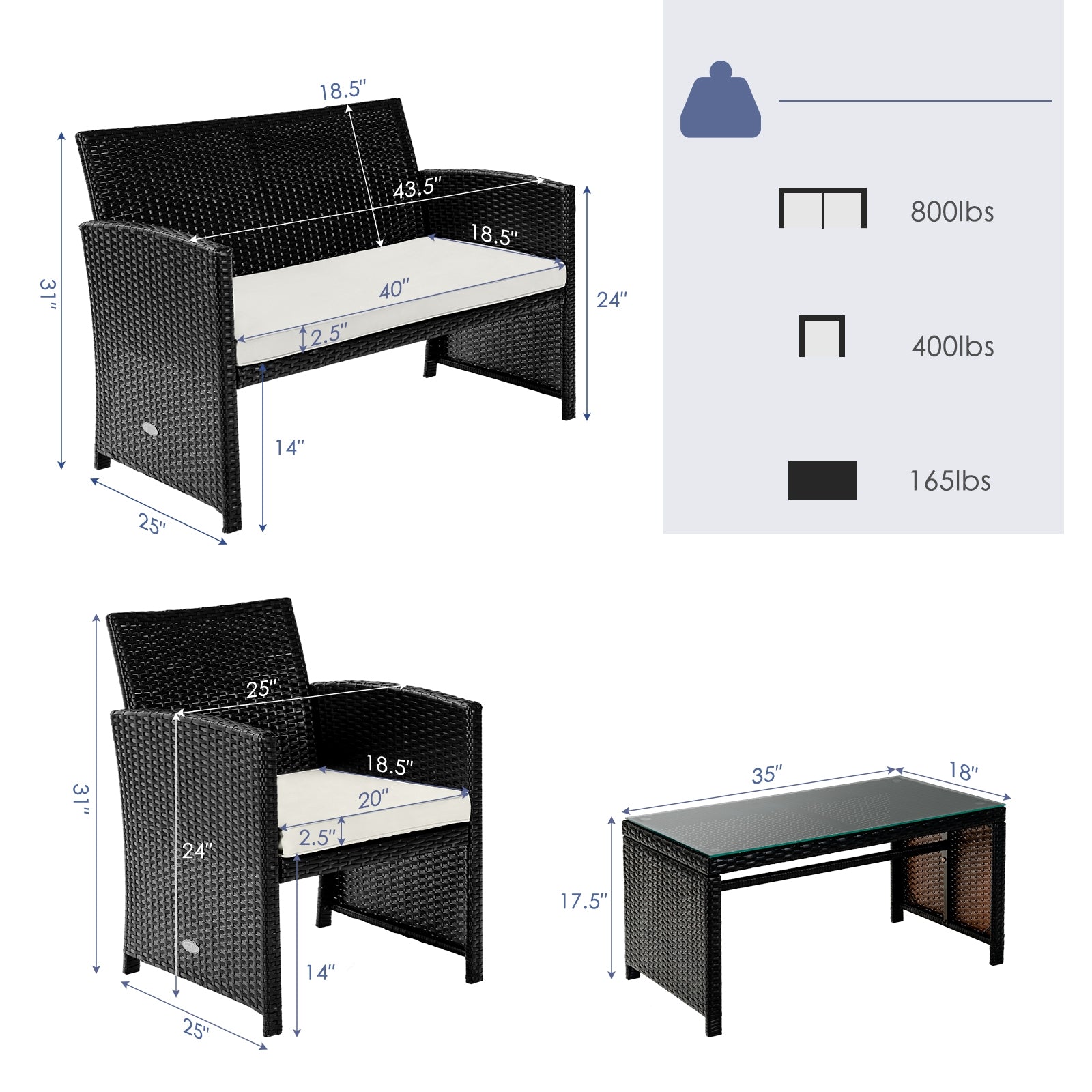 Ensemble de meubles de patio en rotin coussiné 4 pièces - Blanc