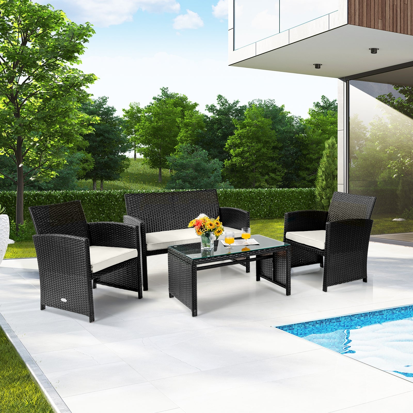 Ensemble de meubles de patio en rotin coussiné 4 pièces - Blanc