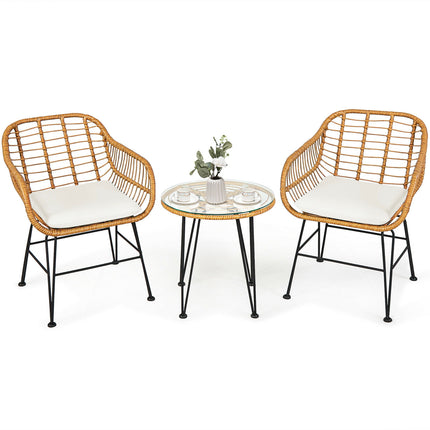3 Pieces Rattan Furniture Set with Cushioned Chair Table-White
