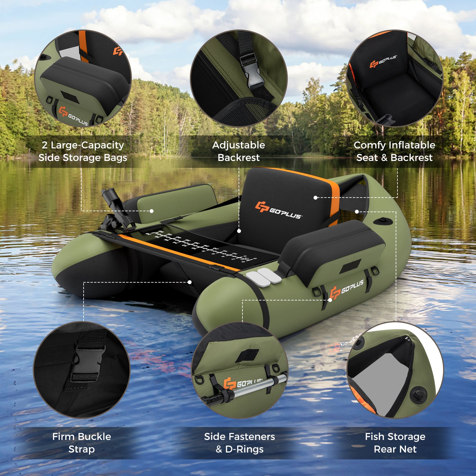 Inflatable Fishing Float Tube with Storage Pockets and Fish Ruler-Green