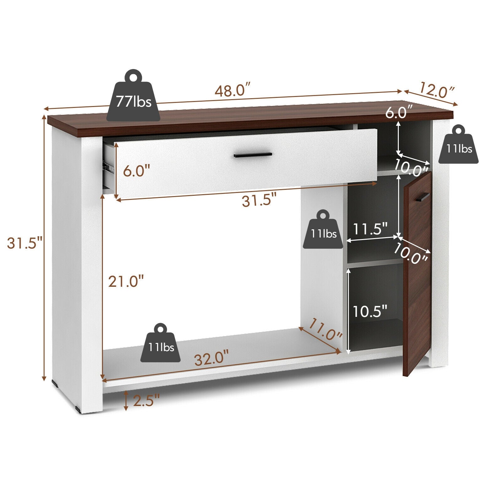 Table console de 48 po avec tiroir et armoire