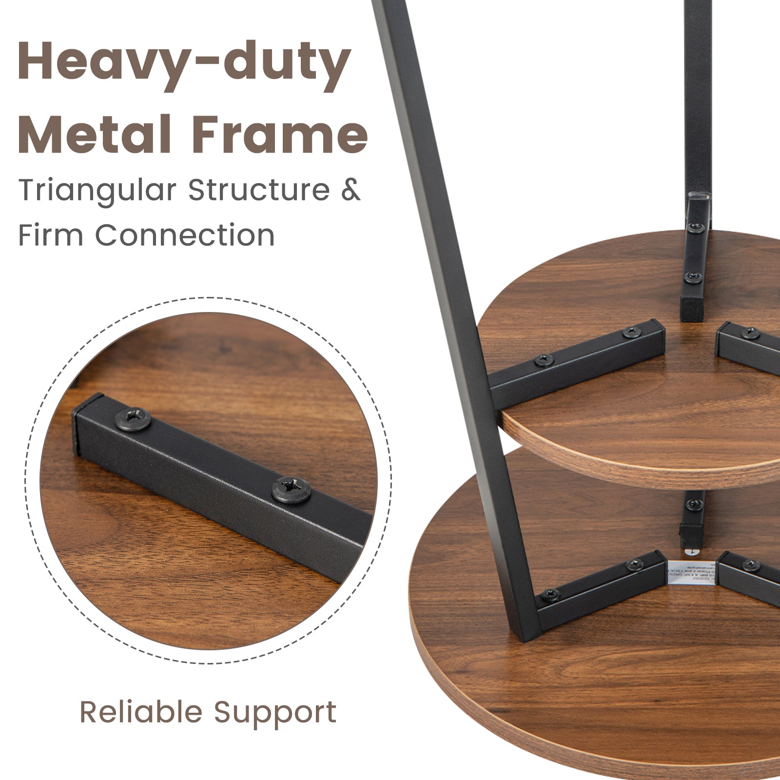 2-Tier Round End Table with Open Shelf and Triangular Metal Frame-Walnut