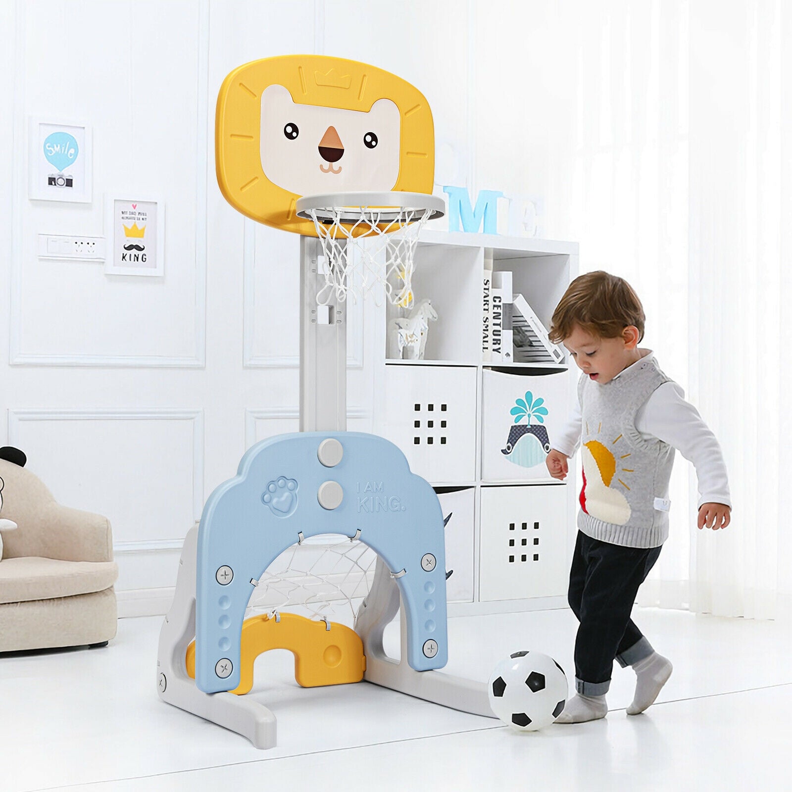 Ensemble de sport 3-en-1 avec panier de basketball réglable pour enfants - Jaune