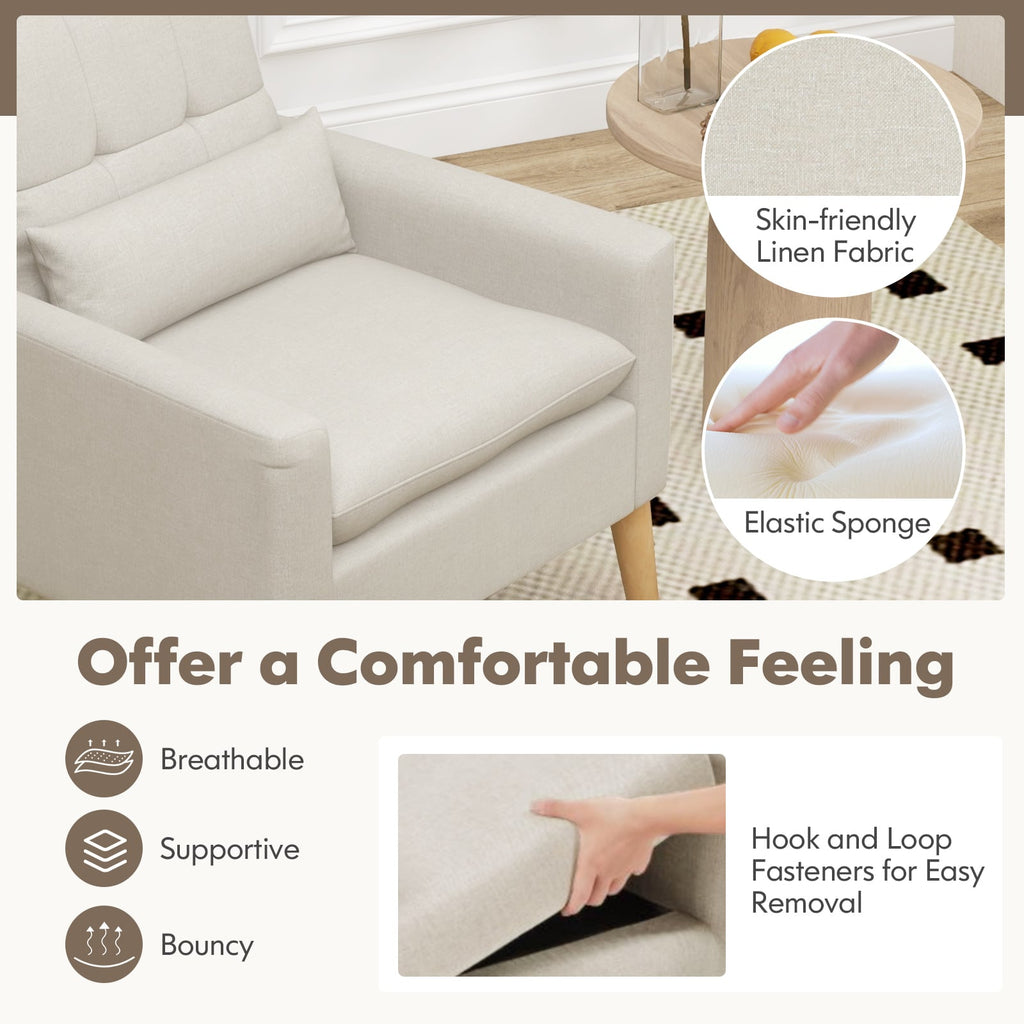 Accent Chair with Lumbar Pillow  Natural Rubber Wood Legs  Padded Cushions-Beige