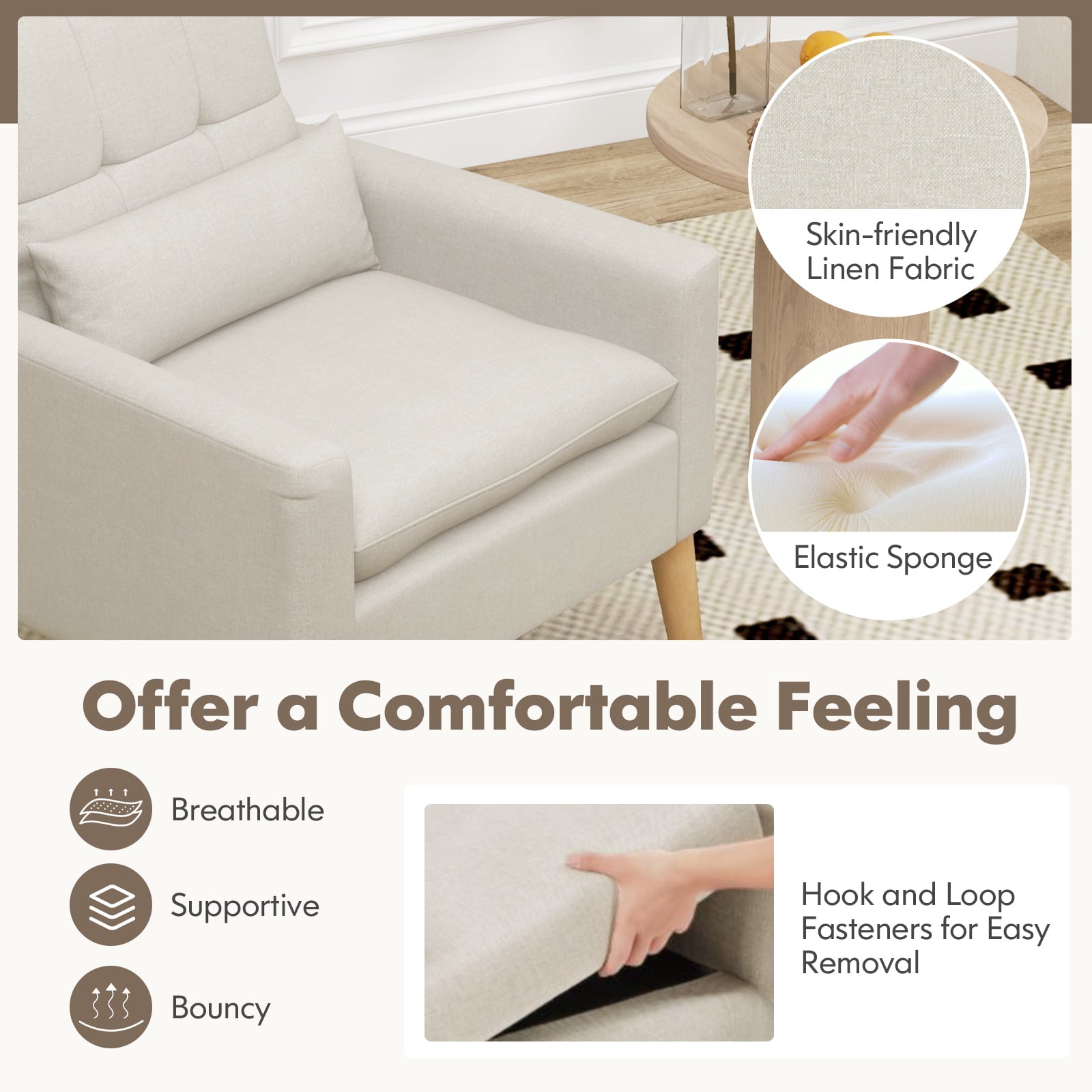 Accent Chair with Lumbar Pillow  Natural Rubber Wood Legs  Padded Cushions-Beige