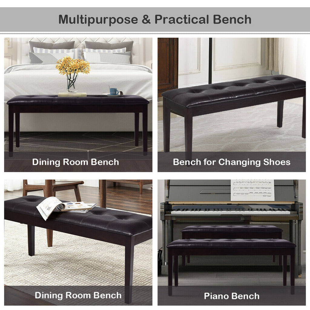 Upholstered Dining Room PU Bench Solid Wood Button Tufted-Brown