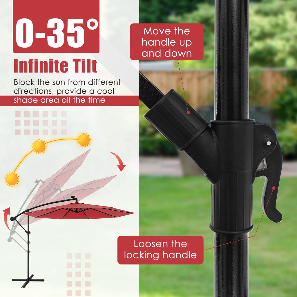 10 Feet Solar Offset Hanging Umbrella with 40 Lamp Beads and Solar Panel-Wine