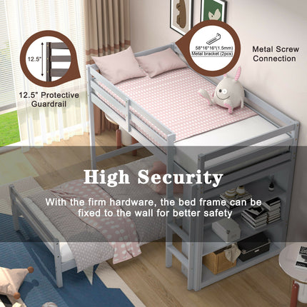 Twin Over Twin Loft Bunk Bed with Bookcase-Gray