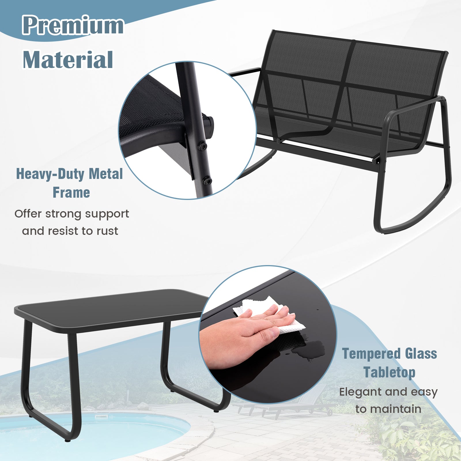 4 Piece Patio Rocking Set with Glass-Top Table-Black