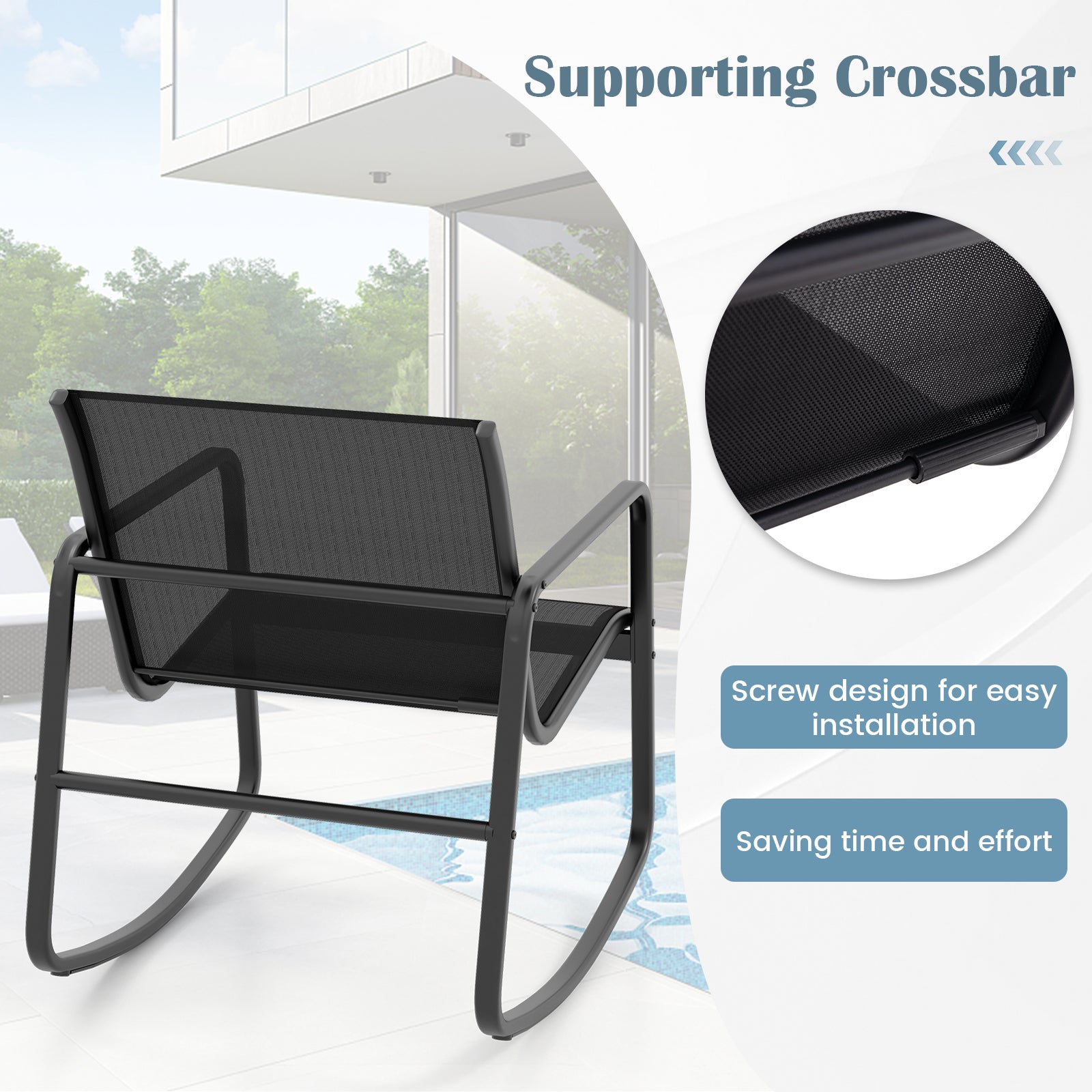 4 Piece Patio Rocking Set with Glass-Top Table-Black