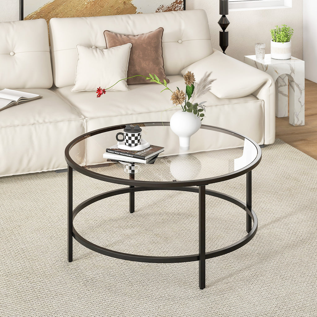 36 Inch Round Coffee Table with Tempered Glass Tabletop-Black