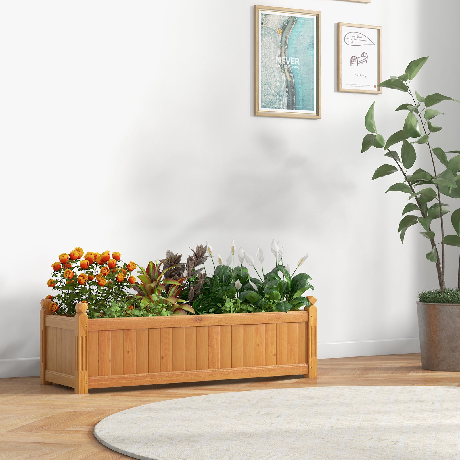 Jardinière de jardin rectangulaire en bois avec système de drainage - Naturel