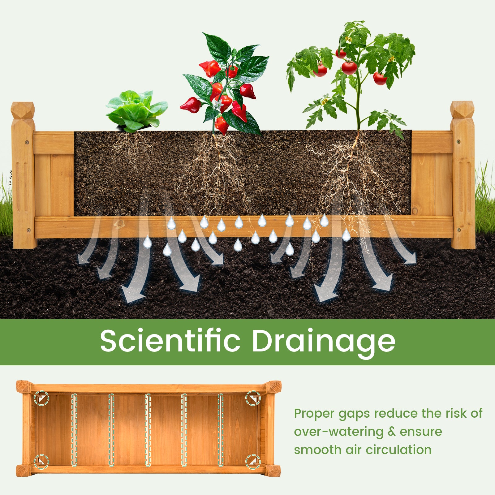 Jardinière de jardin rectangulaire en bois avec système de drainage - Naturel