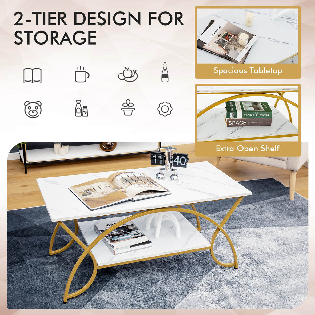 2-Tier Coffee Table Gold Rectangle for Living Room-Golden