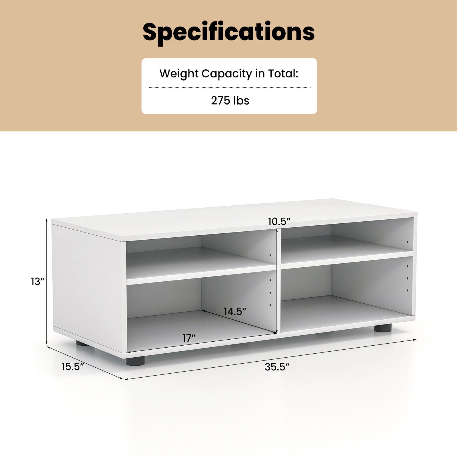 4-Cube TV Stand for TV up to 45 Inch with 5 Positions Adjustable Shelves-White