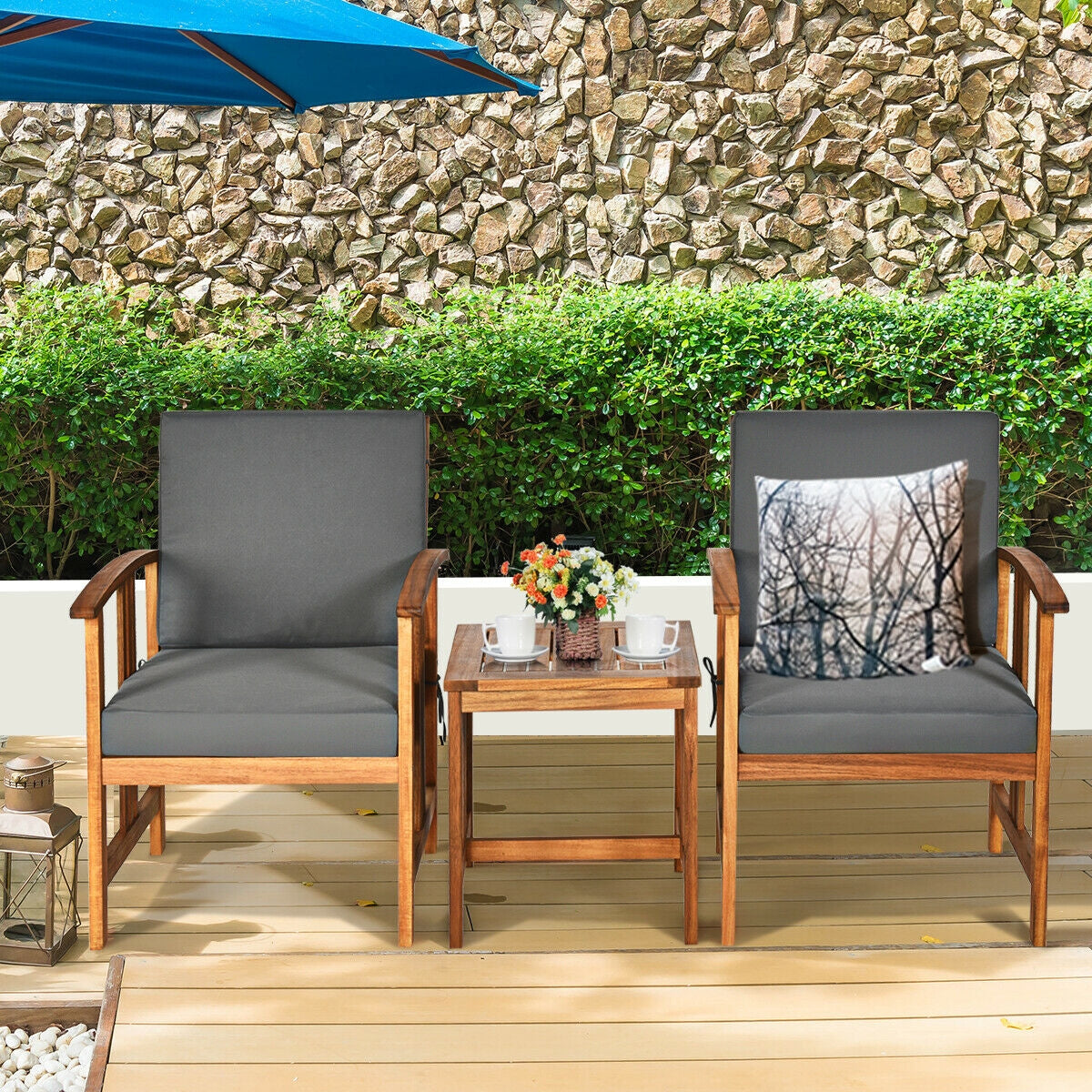 Ensemble de mobilier de patio 3 pièces en bois massif-Gris
