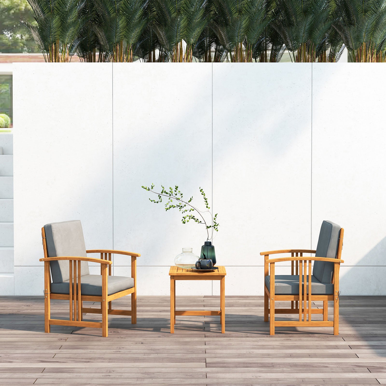 Ensemble de mobilier de patio 3 pièces en bois massif-Gris