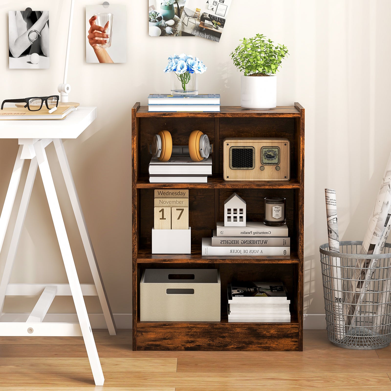 3-Tier Bookcase Open Display Rack Cabinet with Adjustable Shelves-Rustic Brown