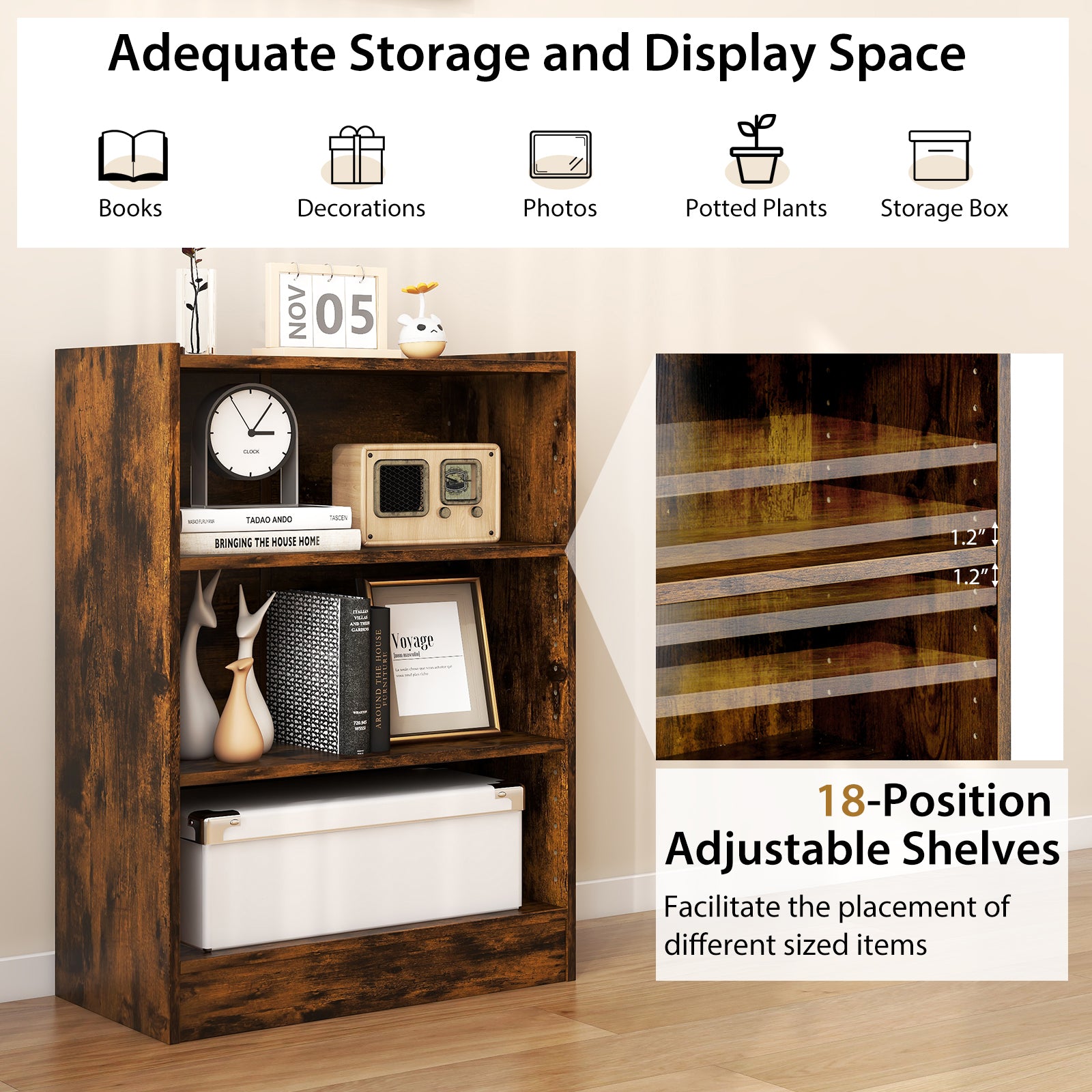 3-Tier Bookcase Open Display Rack Cabinet with Adjustable Shelves-Rustic Brown