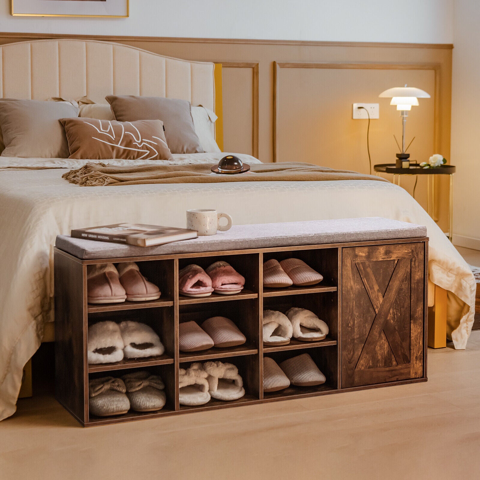 9-cube Adjustable Storage Shoe Bench with Padded Cushion-Rustic Brown