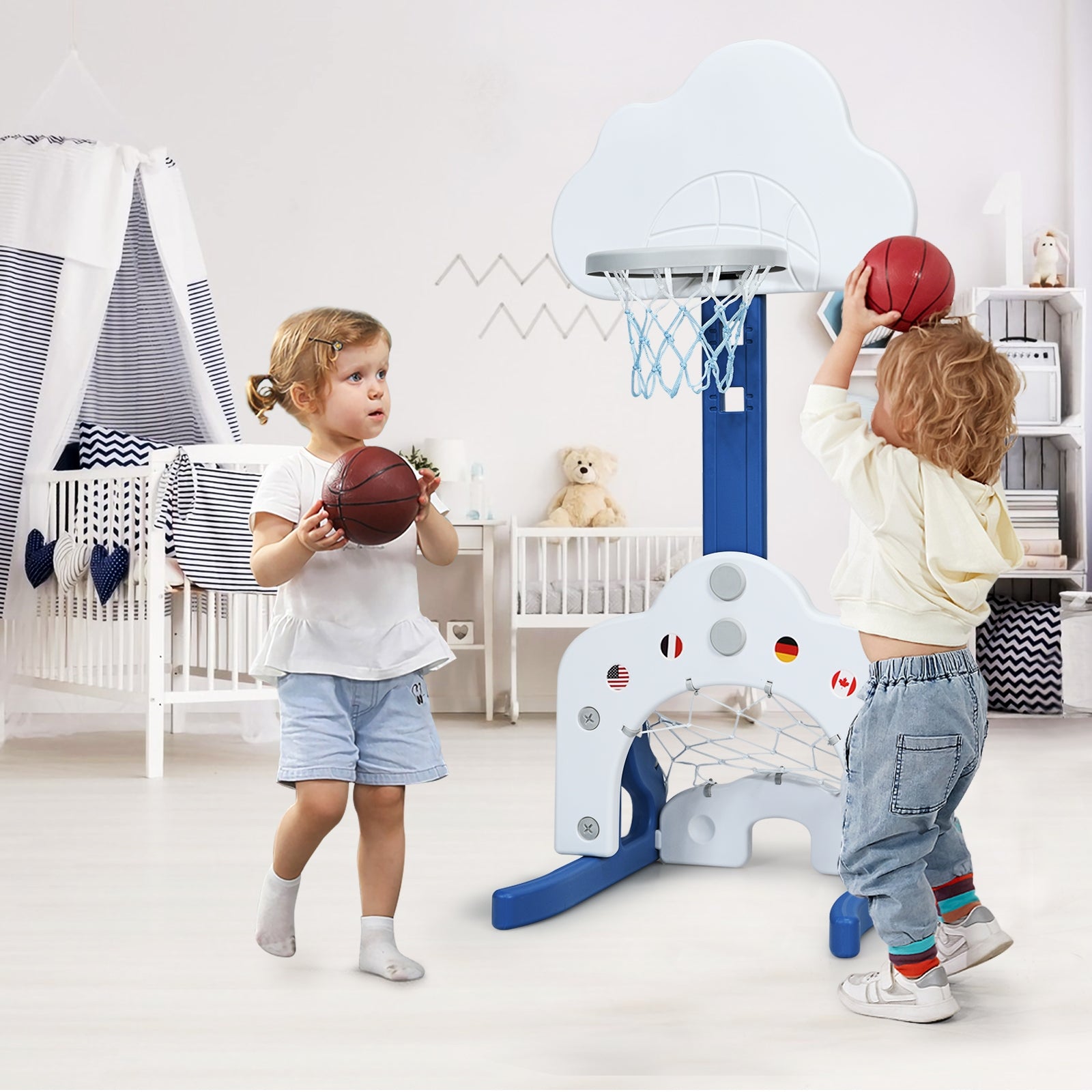 Panier de basket 3 en 1 pour enfants avec ballons - Blanc