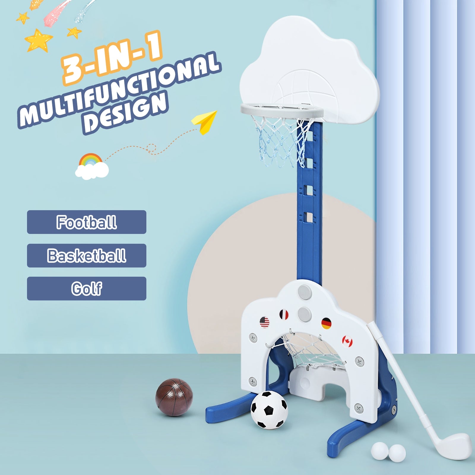 Panier de basket 3 en 1 pour enfants avec ballons - Blanc