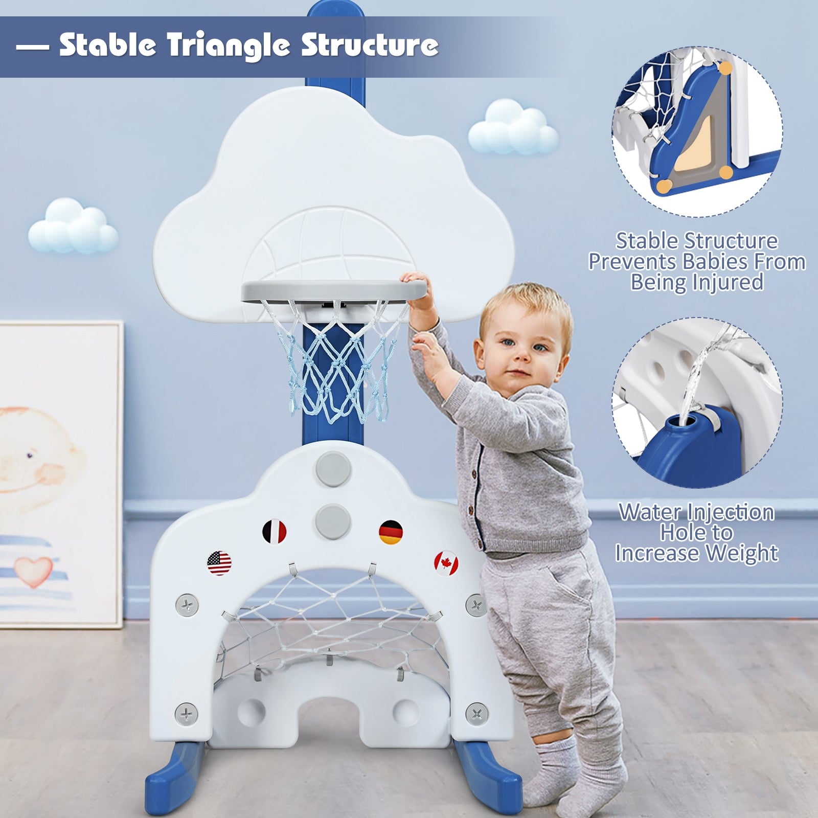 Panier de basket 3 en 1 pour enfants avec ballons - Blanc