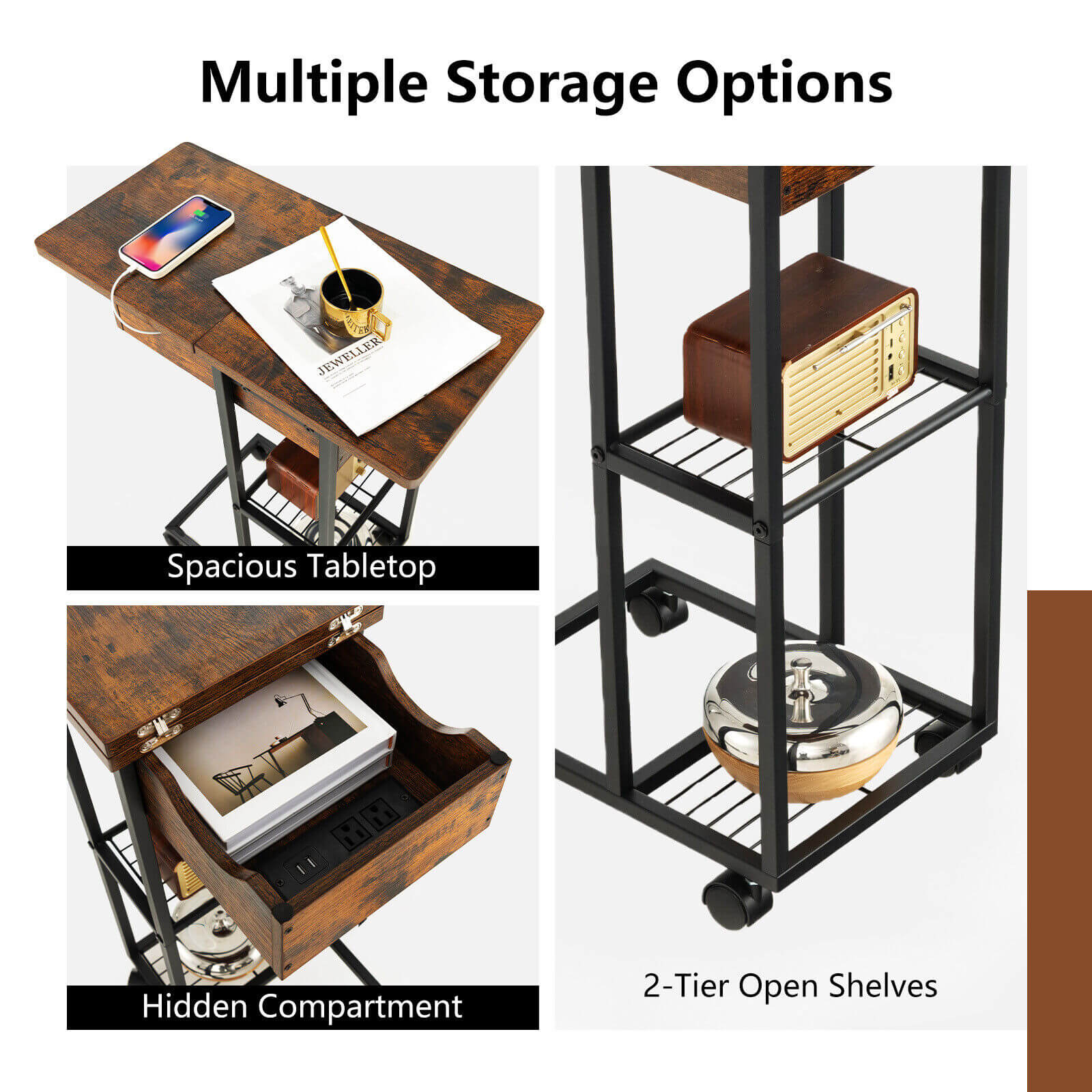 C-Shaped End Side Table with Charging Station and Wheels-Rustic Brown