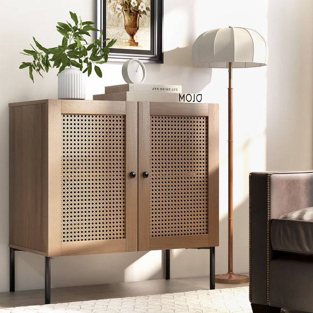 Kitchen Sideboard with 2 Rattan Doors and Adjustable Shelf-Natural