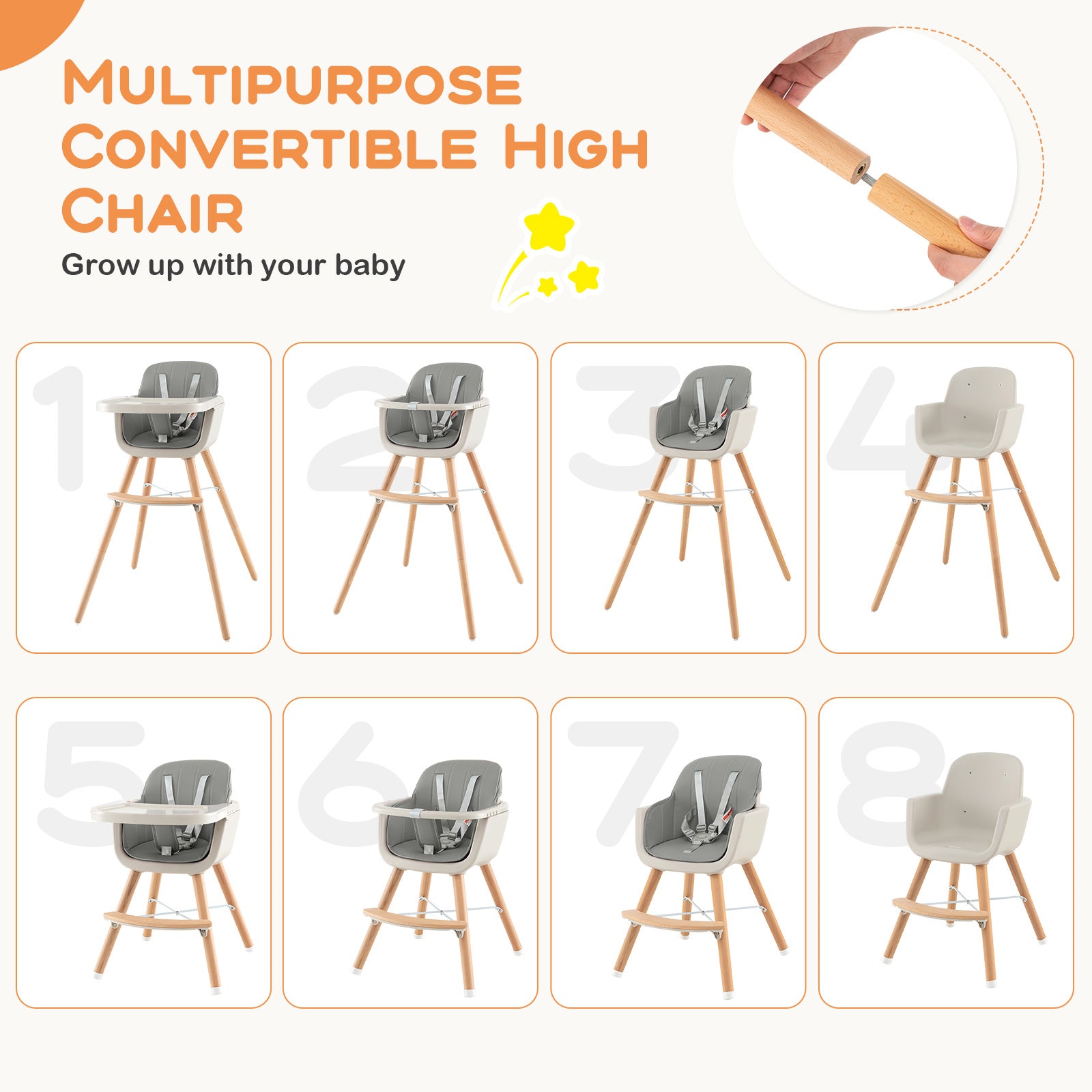 3-in-1 Convertible Wooden High Chair with Cushion-Gray