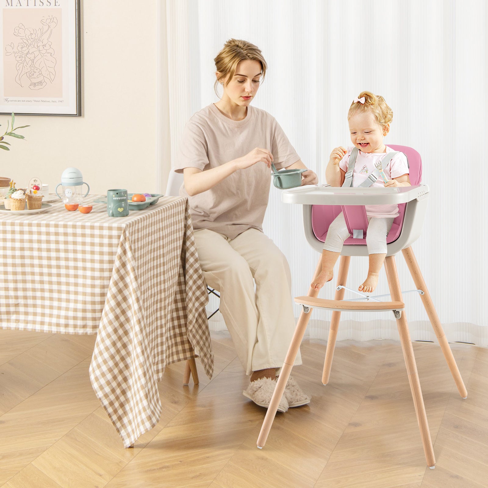 3-in-1 Convertible Wooden High Chair with Cushion-Pink